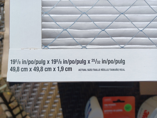 The corner of a filter lists its actual size, including its height and width of 19 and 5/8 inches.